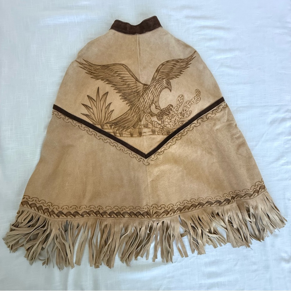 Vintage Hand Burned Pyrography Suede Leather Mexican Fringed Poncho - Picture 4 of 8